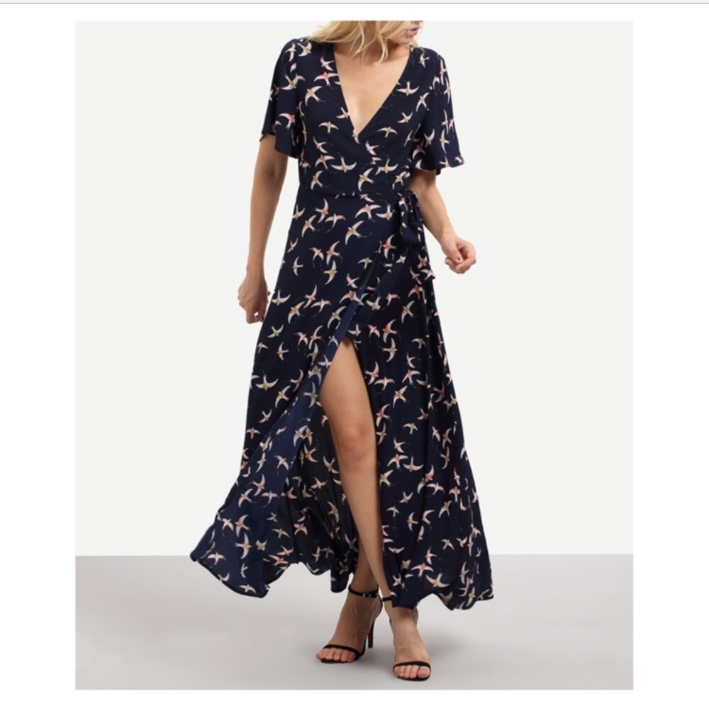 Navy bird wrap dress. NWT.